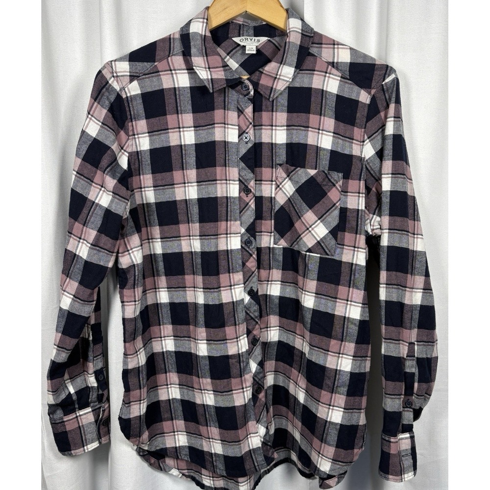 Orvis Plaid Flannel Shirt Top Women's Pink‎ Navy L Layering Quiet Luxury Outdoor